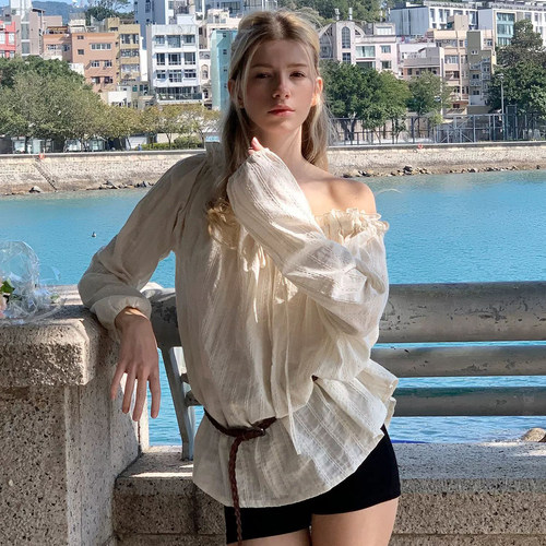 荷叶边一字肩衬衫女春夏新款