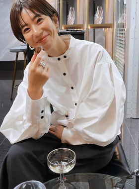 日本贵牌松本衬衫女春秋新款立领长袖宽松泡泡袖白色machatt衬衣