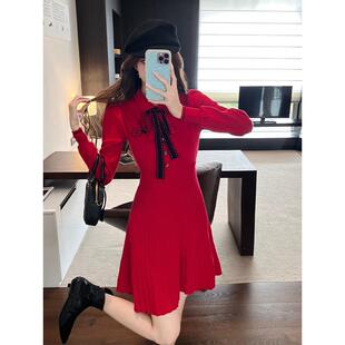 ROUMIKL蝴蝶结小香风针织连衣裙女秋冬法式小个子打底氛围感红色