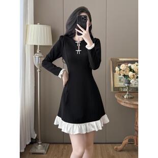 ROUMIKL大码胖mm减龄小香风蝴蝶结连衣裙女秋冬法式小香赫本风长