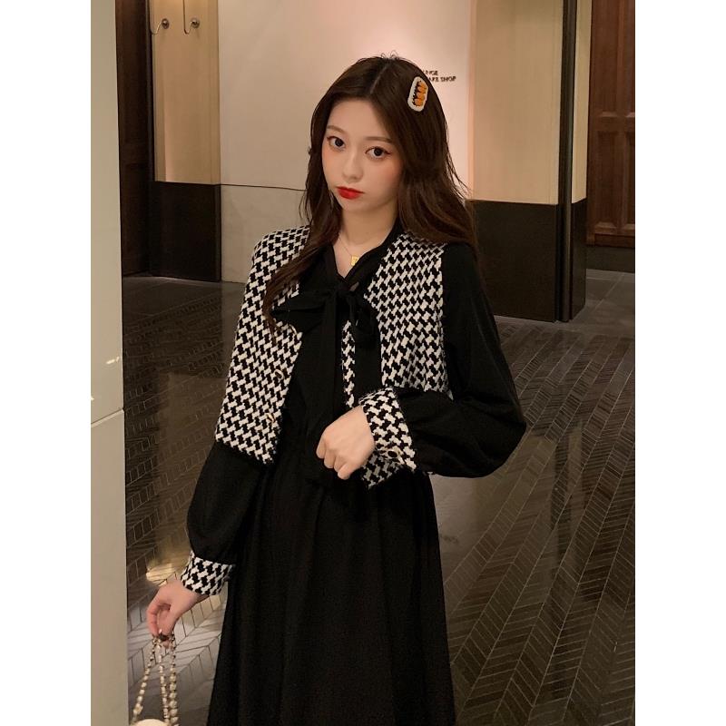 ROUMIKL春秋大码女装黑色打底长裙子覆古法式名媛风气质马甲连衣