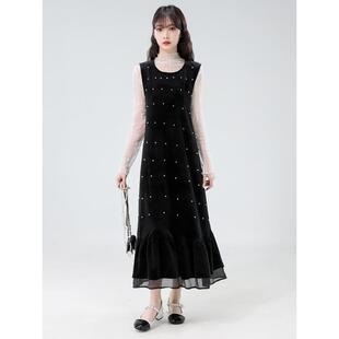 ROUMIKL无袖丝绒小香风连衣裙女秋冬高级感内搭蕾丝打底衫背心裙