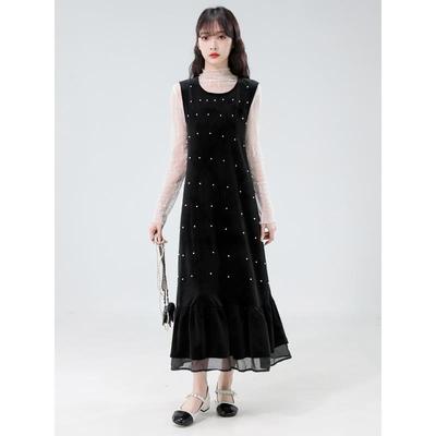 ROUMIKL无袖丝绒小香风连衣裙女秋冬高级感内搭蕾丝打底衫背心裙