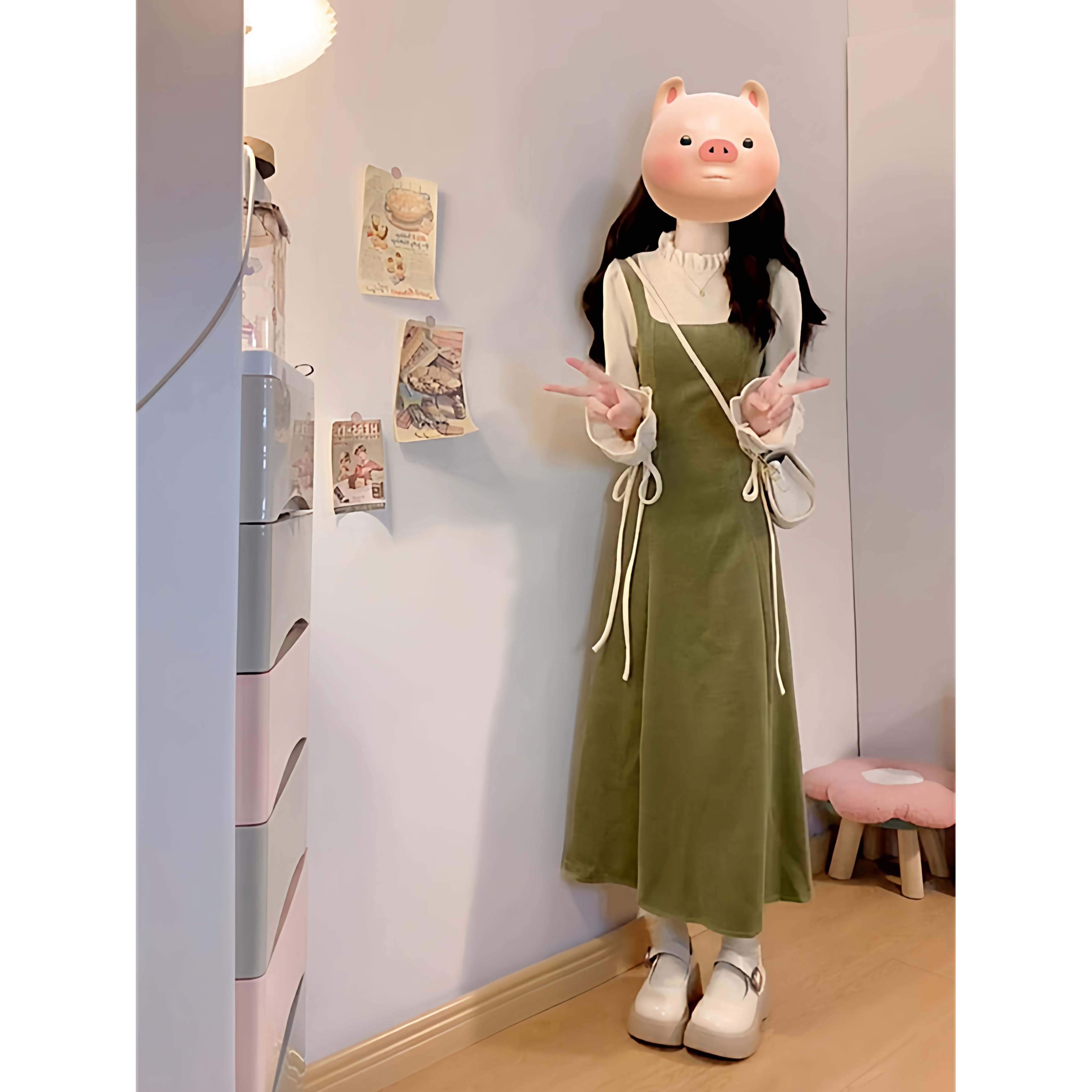 ROUMIKL大码女装法式覆古假两件长袖连衣裙胖mm遮肚藏肉显瘦绿色