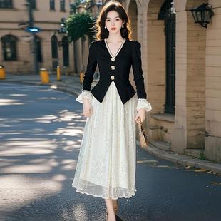 ROUMIKL法式洋气名媛千金风长袖连衣裙大码胖mm收腰显瘦假两件气