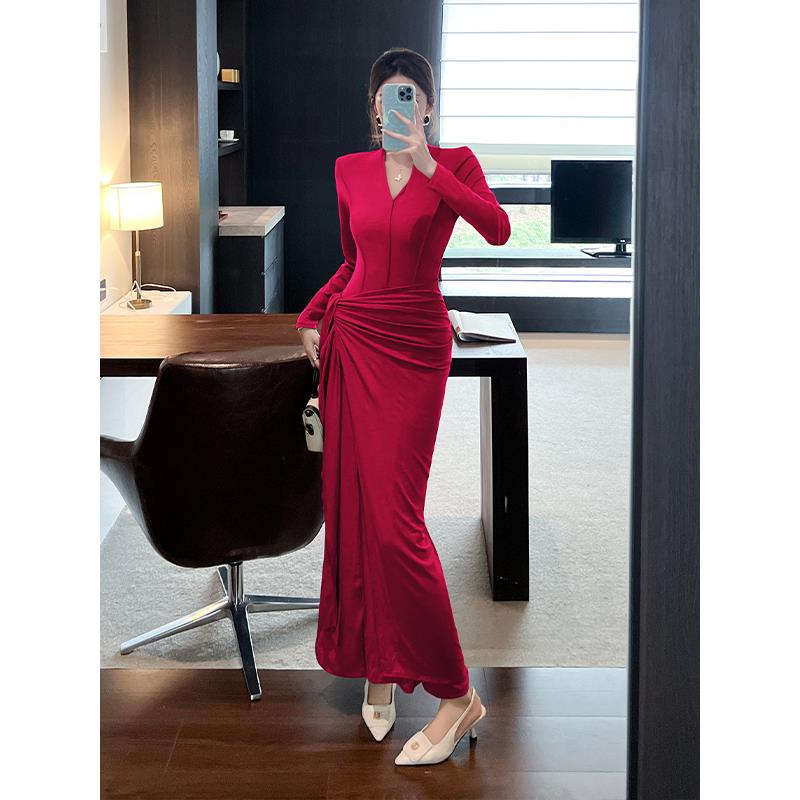 ROUMIKL辣妹修身长袖灰色绑带收腰连衣裙女秋冬气质配大衣高级感