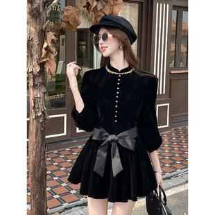 ROUMIKL伯拉德千金感穿搭黑色丝绒长袖连衣裙女秋冬晚礼服生日公