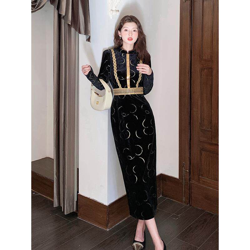 ROUMIKL覆古高级感长袖精致大气连衣裙女秋冬晚礼服生日聚会巨好