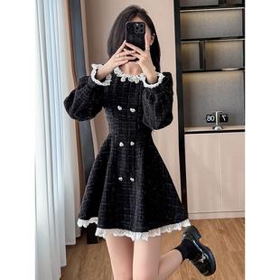 ROUMIKL黑色小香风覆古荷叶边排扣粗呢连衣裙女秋冬甜酷宫廷风公