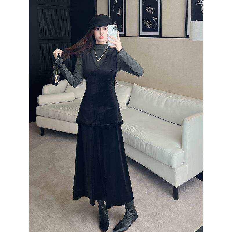 ROUMIKL黑色金丝绒背心连衣裙两件套女秋冬韩系穿搭一整套显瘦打