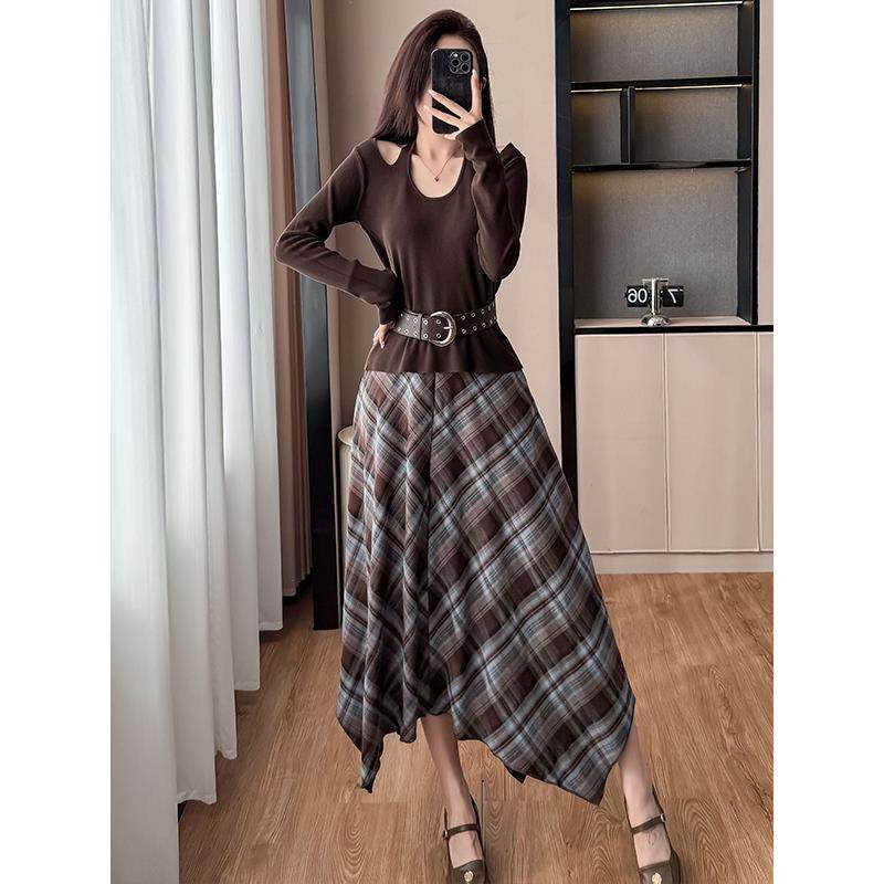 ROUMIKL韩系早秋超好看穿搭套装裙女秋冬法式毛衣针织衫格子半身