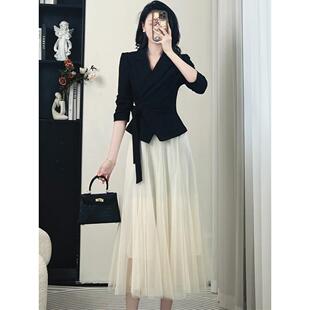 ROUMIKL春装法式黑色小西装网纱半身裙子两件套大码胖mm收腰显瘦