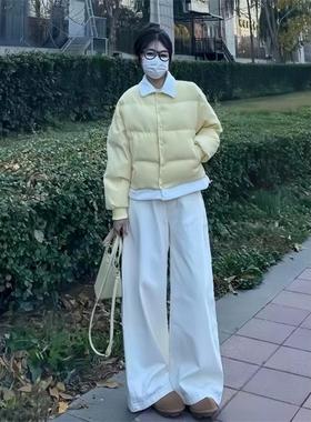 ROUMIKL奶黄色假两件服女秋冬小个子短款加厚衣外套牛仔裤两件套