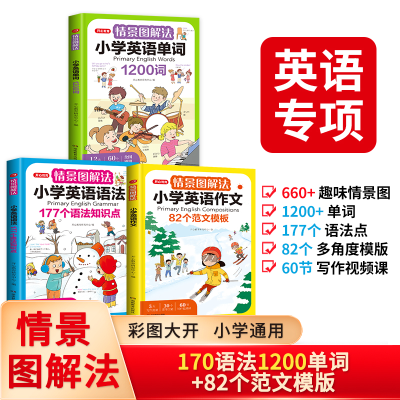 情景图解法小学英语语法+单词+作文（共3册）二三四五六年级小升初写作技巧优秀作文素材思维导图学音标单词句型公式词性时态大全