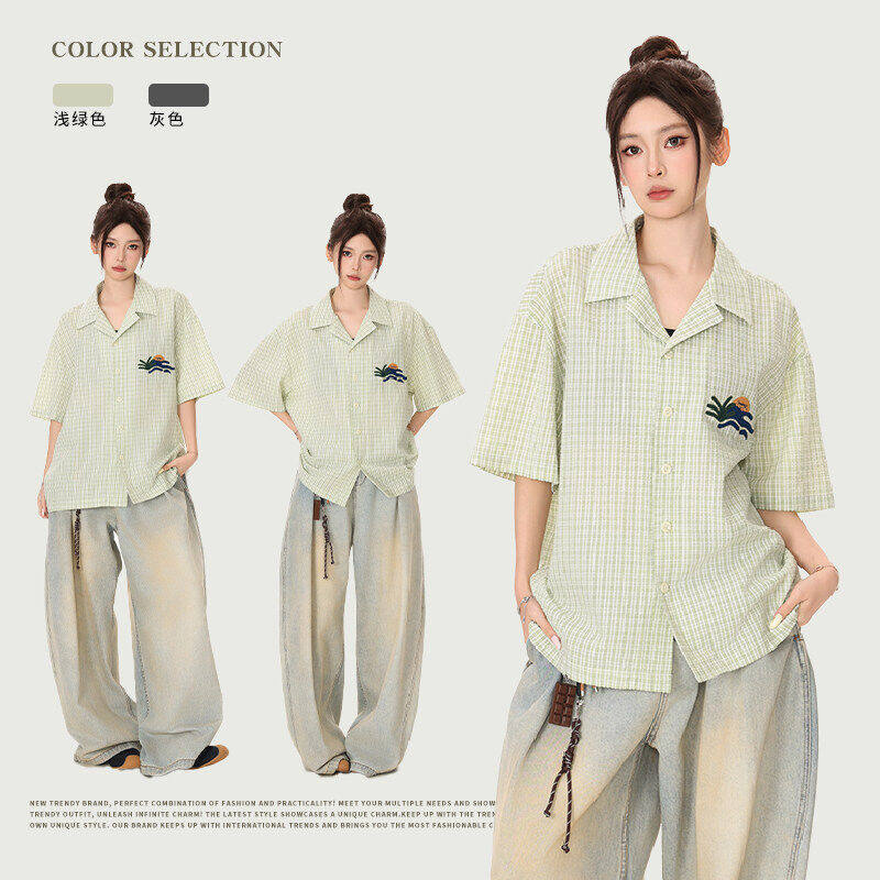 2025新款中性男女同款格子衬衣贴布刺绣短袖衬衫ORYCS30-P60，男装衬衫，欧尔泰服饰工厂