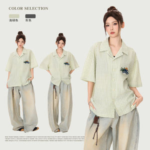 2025新款中性男女同款格子衬衣贴布刺绣短袖衬衫 ORYCS30-P60,男装衬衫,欧尔泰服饰工厂