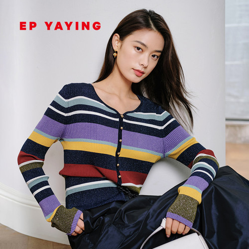 EP雅莹撞色条纹修身短款针织开衫