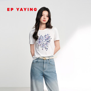 EP雅莹短袖T恤女 麻感竹节棉圆领印花绣花上衣 2026春夏新款5317A