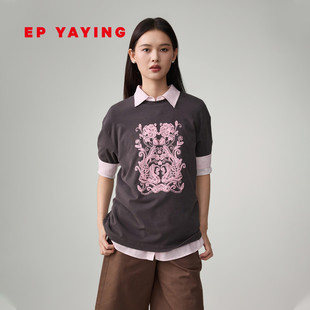 简约棉质双鱼印花宽松圆领短袖 女装 T恤5346A 新款 EP雅莹2026春季