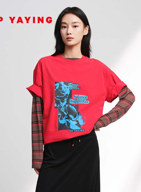 EP雅莹2026春装新款女装  红色绒感棉H型长款圆领印花T恤 5353A