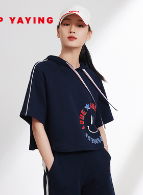 EP雅莹女装 短款运动休闲短袖抽绳连帽卫衣 2024早春新品5212A
