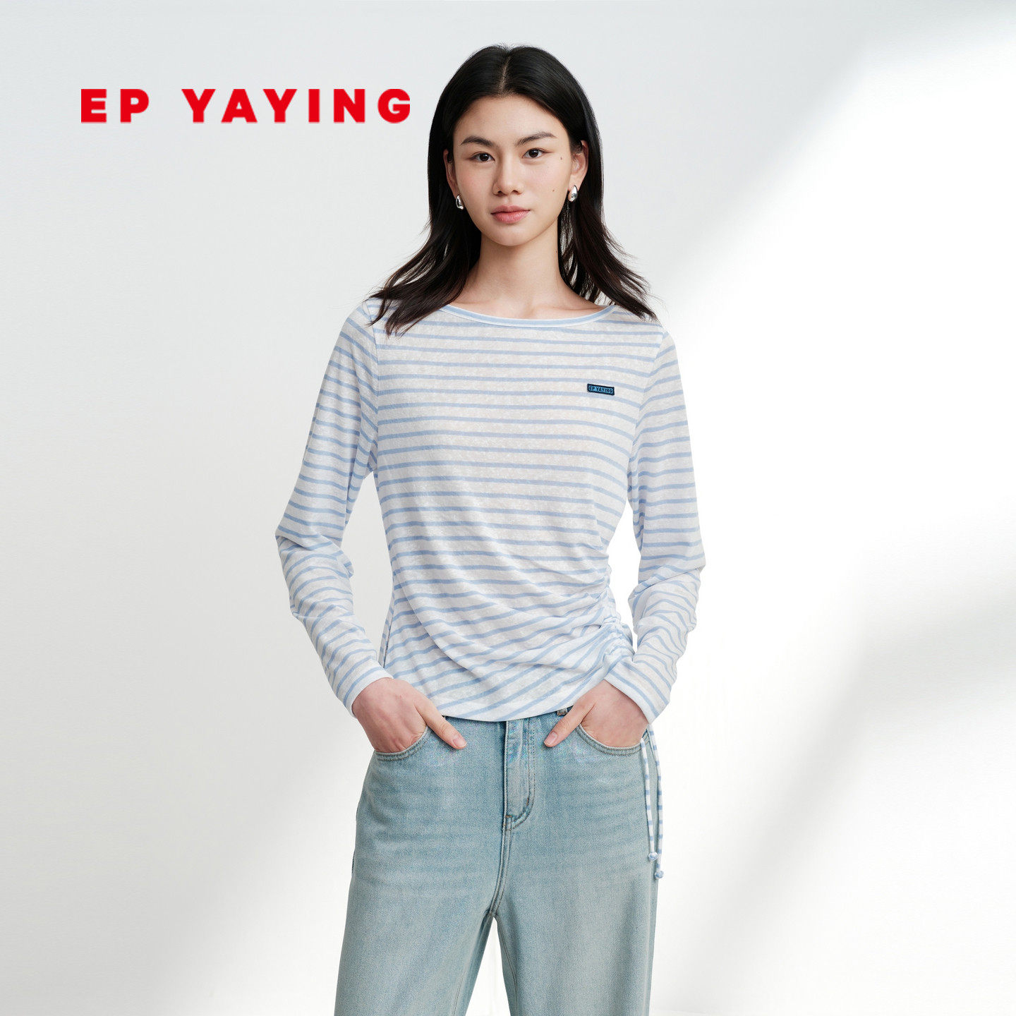 EP雅莹长袖t恤女 圆领条纹海魂风蓝白抽绳上衣 2026春夏新款5403A