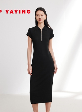 EP YAYING雅莹女装 黑色修身POLO领短袖连衣裙 商场同款 4502A