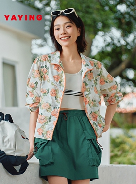 EP雅莹印花外套女 运动风三醋酸箱型宽松立领 2026春夏新款1302A