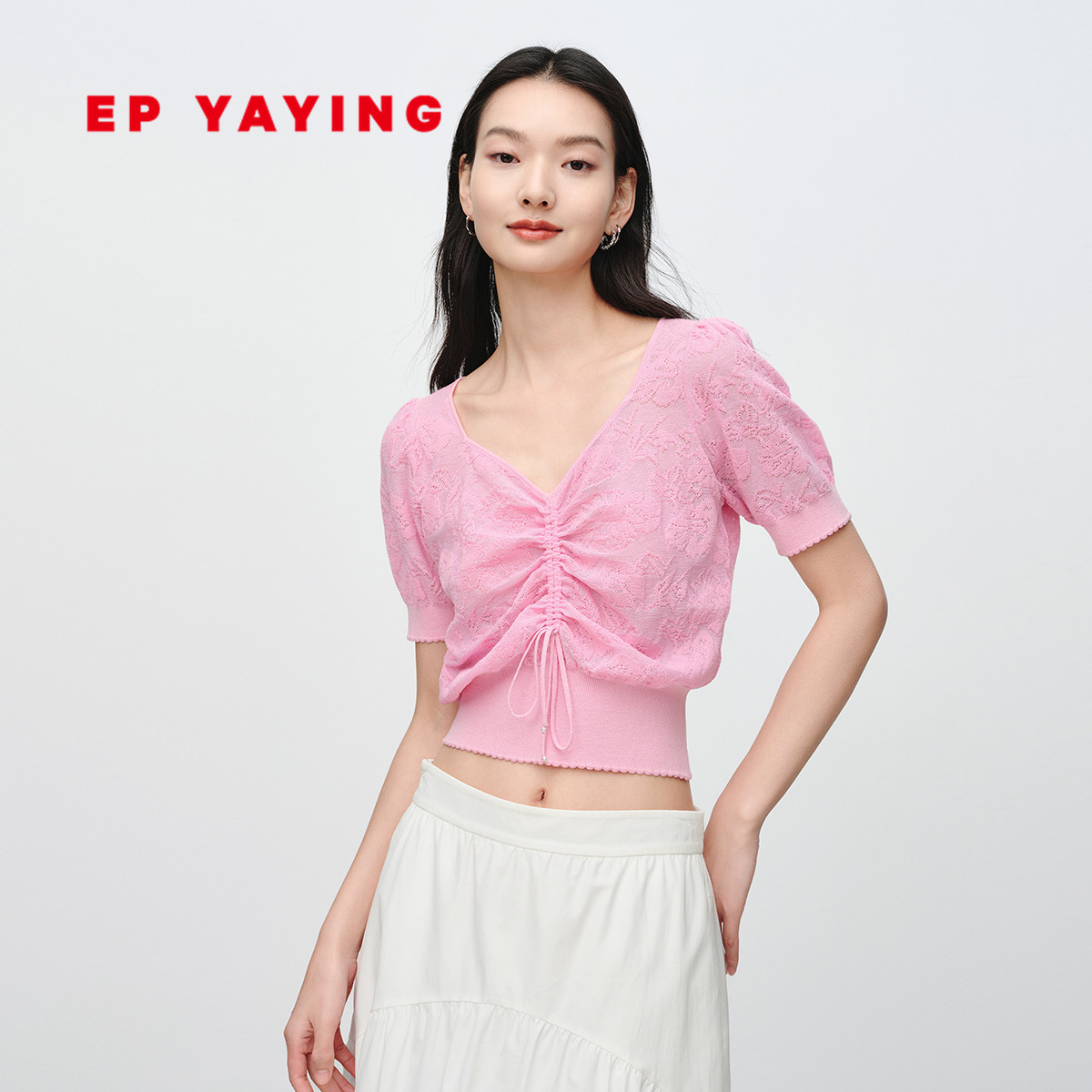 EP雅莹2025春季新款女装 肌理感镂空提花抽绳收腰粉色针织衫9557A,女装/女士精品,毛针织衫,淘宝优惠券,粉丝福利购,淘宝优惠卷