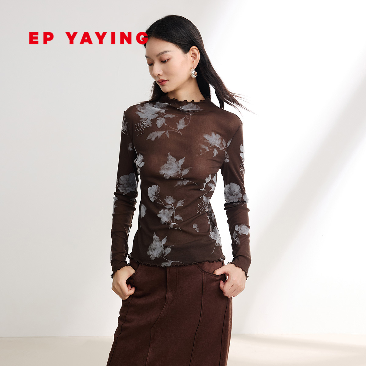 EP雅莹女装 修身半高领印花网眼长袖t恤叠穿 商场同款 5522A