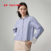 EP雅莹2026早春新款 上衣2106A 衬衫 女装 长绒棉蓝白条纹通勤短款