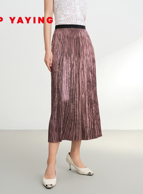 EP雅莹2025新款 垂感细褶立体A摆半身裙 高腰缎面光泽感中裙3410A