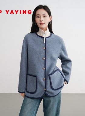 EP雅莹2025早秋新款女装 100%绵羊毛圆领撞色夹花大衣外套1526A