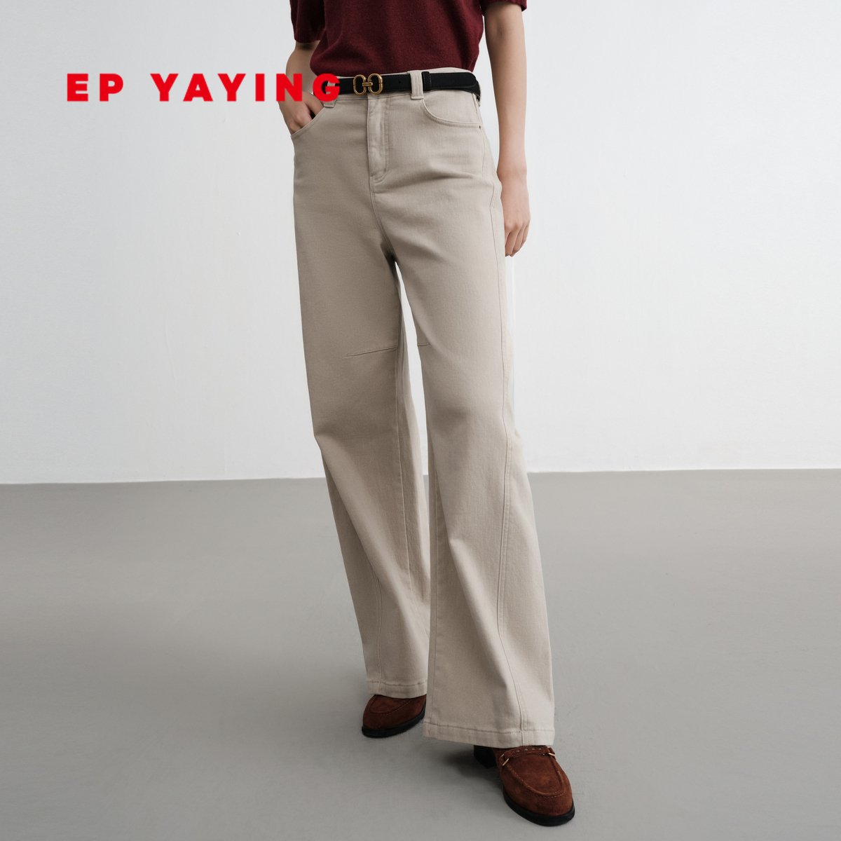 雅莹彩绒牛仔裤遮肉显瘦阔腿裤