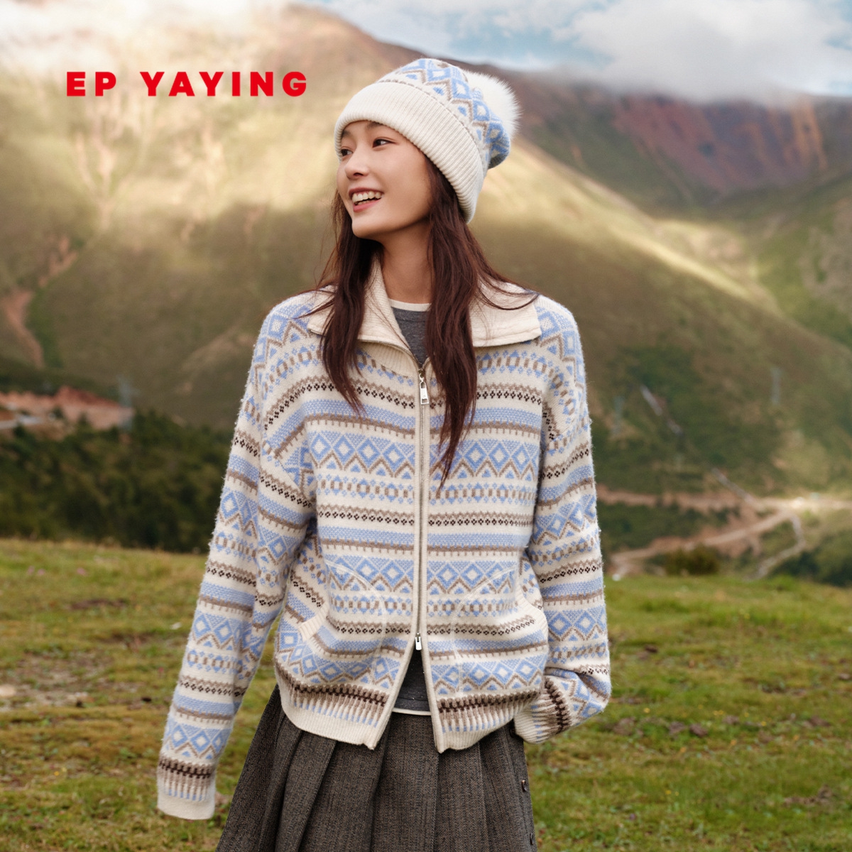 EP雅莹民族几何纹样开衫毛衣