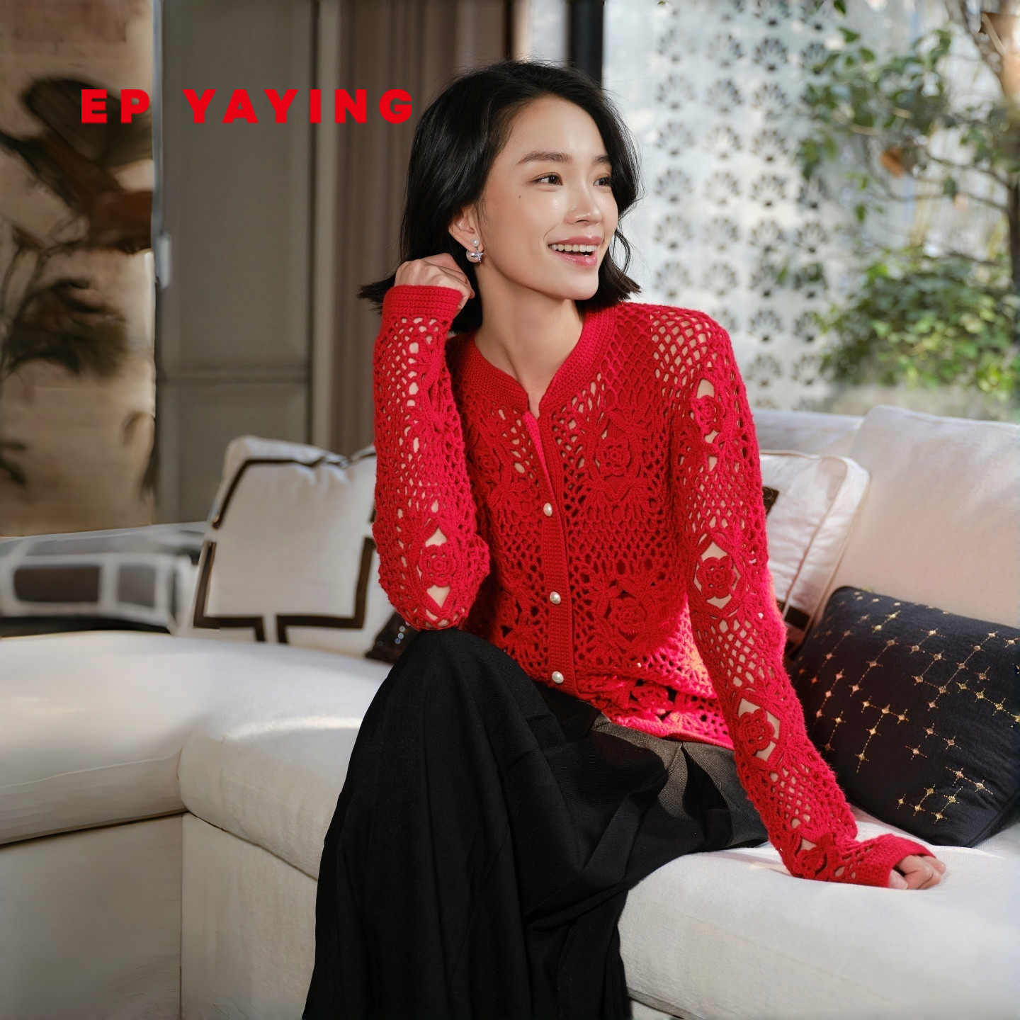 EP雅莹针织开衫女 羊毛羊绒手工钩花针织毛衣 2026春装新款9143A