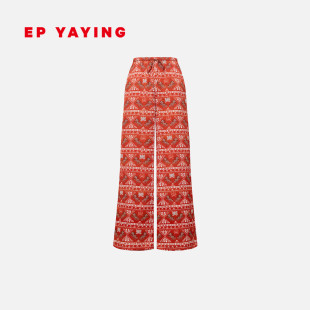 EP雅莹裤子女 红色马年印花直筒阔腿休闲裤 2026春夏新款6485A