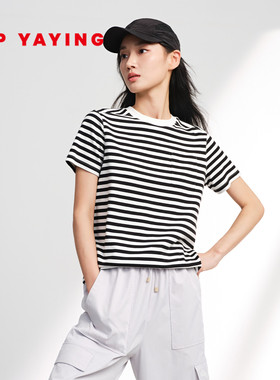 EP雅莹2026春装新款女装 时尚条纹棉质内搭宽松圆领短袖T恤5305A