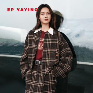 EP雅莹2025秋冬新款 复古格纹绵羊毛宽松异色双面呢外套1518A 女装