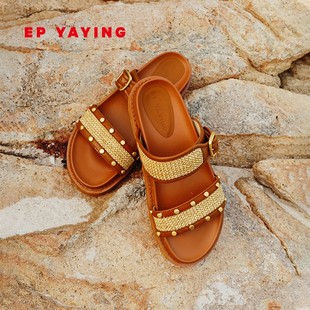 商场同款 草编拼接一字带厚底凉拖鞋 XU01A YAYING雅莹女鞋