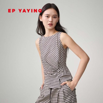 雅莹棉收腰捏褶圆领无袖格子衬衫