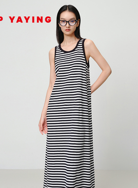 EP雅莹2025春季新款女装 棉质宽松圆领条纹背心无袖连衣裙4141A