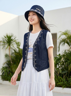 EP雅莹牛仔马甲女 民族风刺绣天丝棉短款修身 2026春夏新款J001A