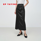 真丝缎面提花黑色抽褶不规则半身裙3511A 女装 EP雅莹2025春季 新款