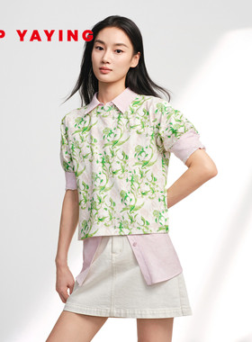 EP雅莹2026春装新款女装 索罗娜棉短款牡丹印花圆领短袖T恤5311A