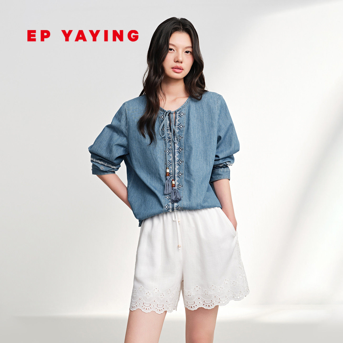 EP雅莹牛仔外套女 民族风刺绣天丝棉宽松V领 2026春夏新款J502A
