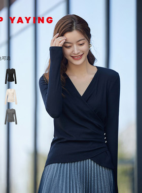 EP雅莹女装 V领围裹式收腰瘦瘦衫 黑色打底衫 商场同款5599Z掐腰