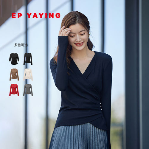 EP雅莹瘦瘦衫黑色v领围裹式收腰