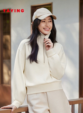 EP雅莹25秋冬新款女装 时尚翻领含牦牛绒宽松长袖半拉链卫衣5201A