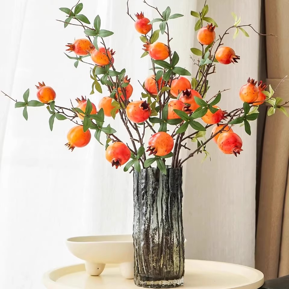 乔迁新居高端仿真石榴柿子红果鸿运花束摆件客厅桌面花瓶装饰礼物